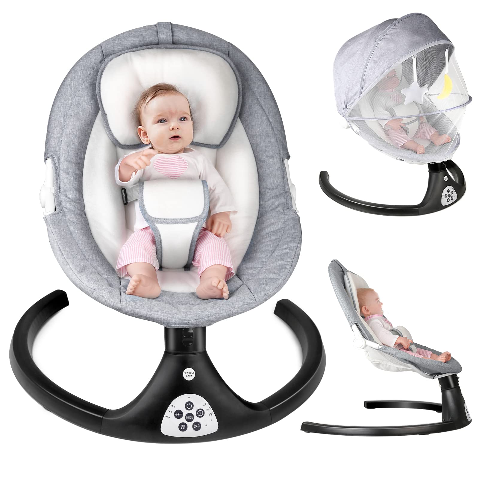 MISSAA Baby Swing - Balancín eléctrico Bluetooth para bebés con 5 velocidades de giro, 3 posiciones de asiento, 12 música, control remoto