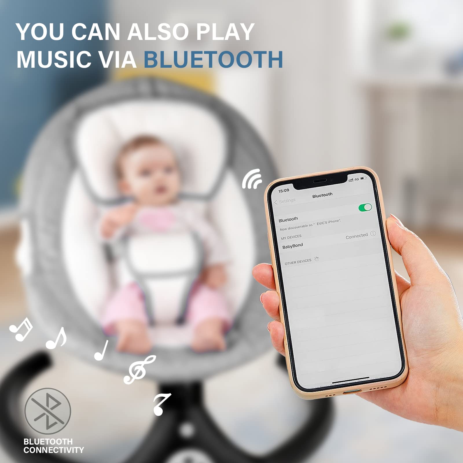 MISSAA Baby Swing - Balancín eléctrico Bluetooth para bebés con 5 velocidades de giro, 3 posiciones de asiento, 12 música, control remoto